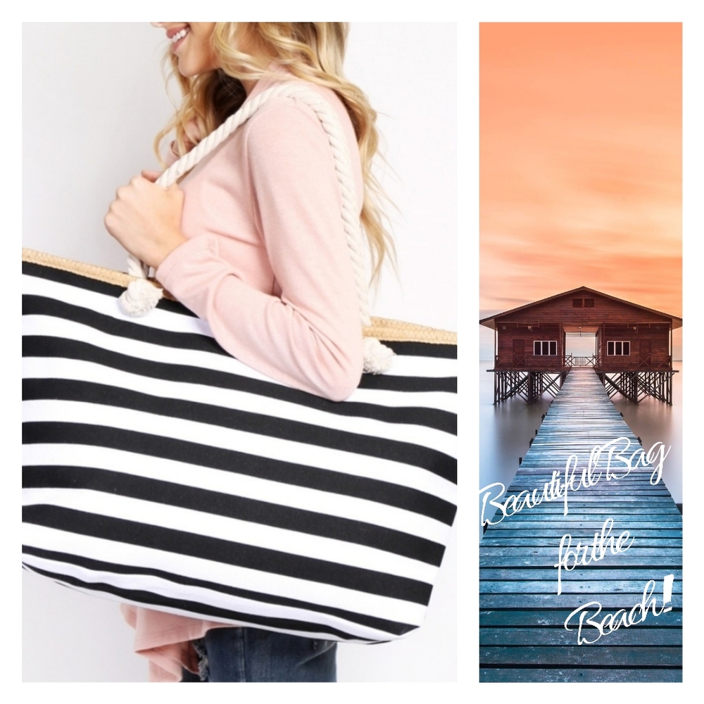 🏖NWT White & Black Striped Canvas Rope Jumbo Tote Bag🏖 - Picture 1 of 7